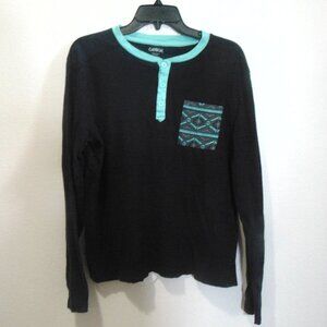 Canvas Black & Teal Long Sleeve Henley Shirt – Size Medium